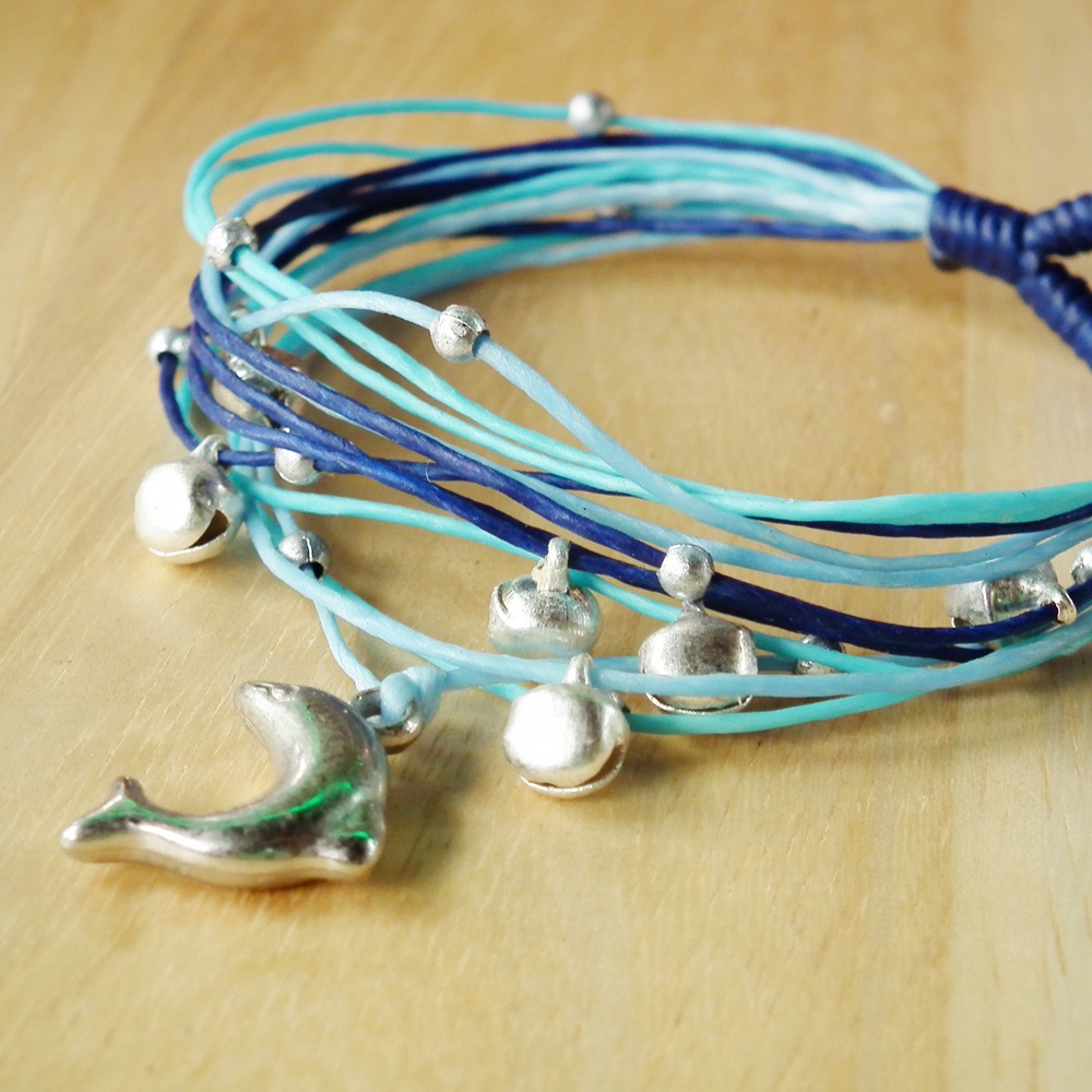 Dolphin In Blue Tone String Bangle - Waxed Cord Bracelet