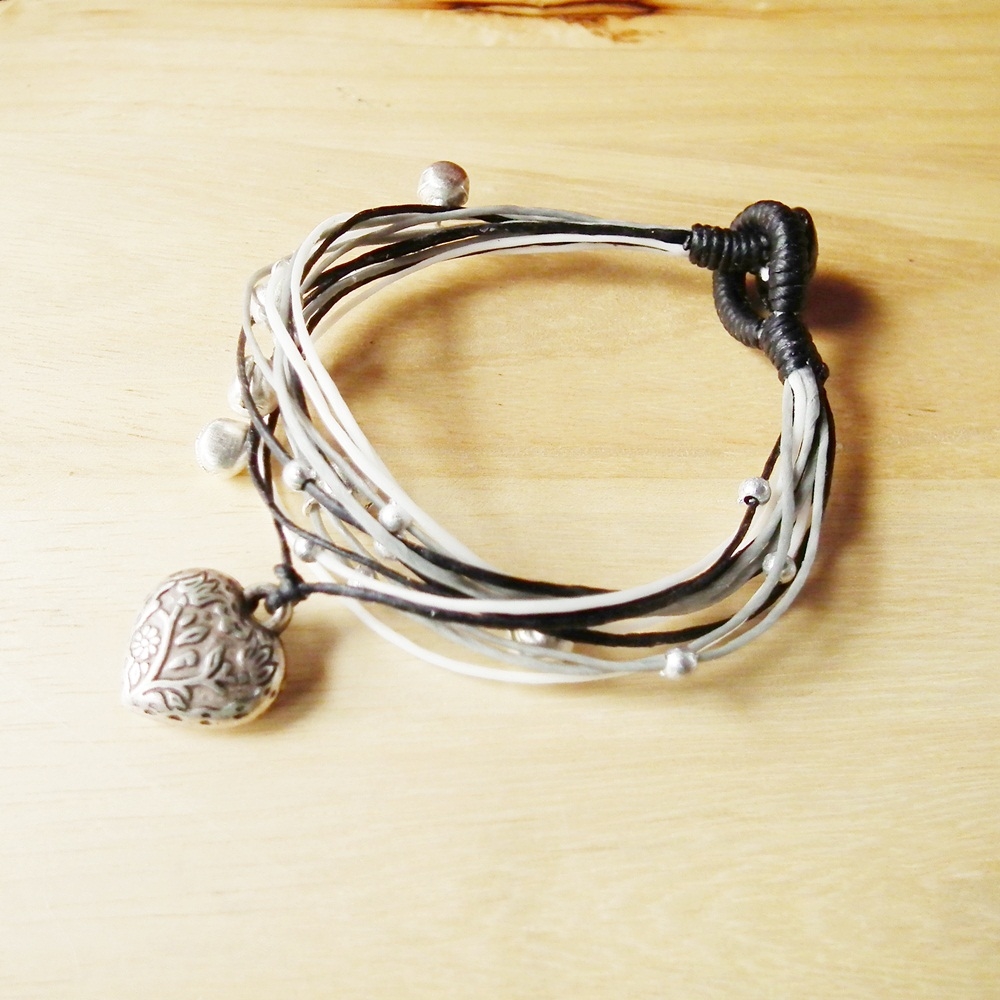 Silver Plate Filigree Heart In Ivory White Tone - Multi String Bangle - Waxed Cord Bracelet