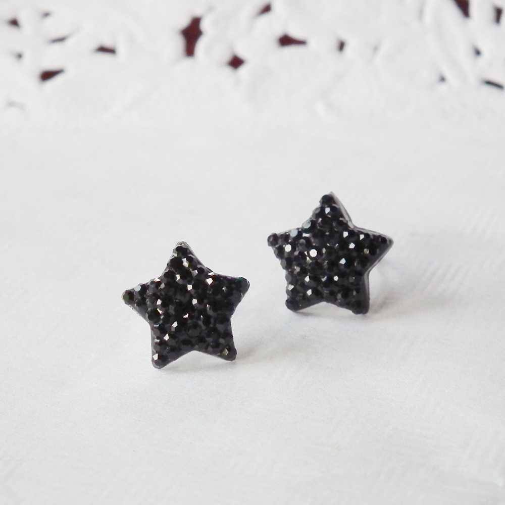 Shiny Star In Black Stud Earring - 925 Sterling Silver Post Earring